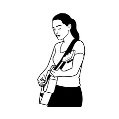Black and white line art of a cool woman playing guitar in casual outfit minimalist stylish illustration