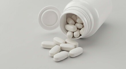 A white plastic bottle with an open lid and white pills spilling out onto a white surface in a studio shot