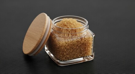 Sweet Granulated Sugar Crystals in a Hexagonal Glass Jar