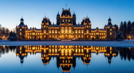Obraz premium Grand Historic Castle Illuminated at Night with Reflection on Water in Winter Scene
