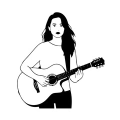 Naklejka premium Black and white line art of a cool woman playing guitar in casual outfit minimalist stylish illustration