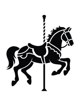 Black silhouette of a galloping carousel horse on a pole