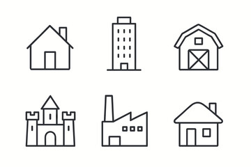 Fototapeta premium Simple icon set of buildings: house, skyscraper, barn, castle, factory, cottage
