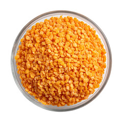 Red lentils in a glass white bowl on transparent background