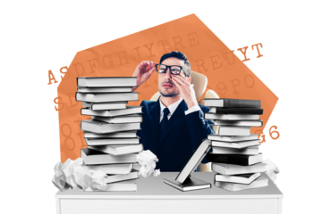 Creative collage young businessman employee worker book stack pile overloaded workaholic burnout exhaustion tired drawing background