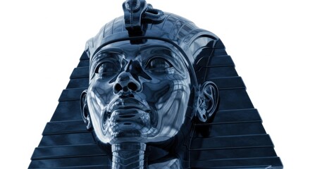 Futuristic Metallic Human Head Sculpture with Pyramid Background in Cool Blue Tones