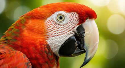 Close up of a vibrant scarlet macaw parrot head with lush green foliage in the background
