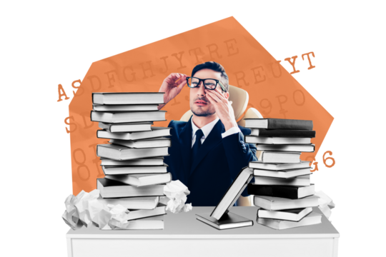 Creative collage young businessman employee worker book stack pile overloaded workaholic burnout exhaustion tired drawing background