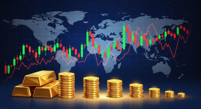 Global Market Growth and Investment Opportunities Represented by Rising Charts, Gold Bars, and Coins Against a World Map Background for Financial Success