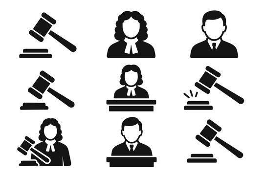Judges and gavels icons set: legal symbols in black and white