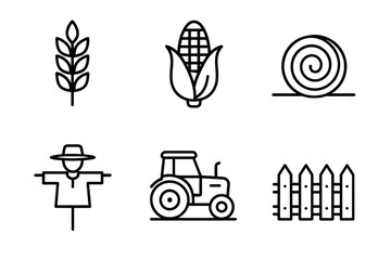 Farm icon set: wheat, corn, hay bale, scarecrow, tractor, fence