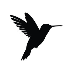 Silhouette of a hummingbird in flight with wings spread