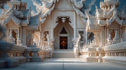 Obraz premium Elaborate Ivory Temple Facade Showcasing Intricate Architecture and Cultural Heritage