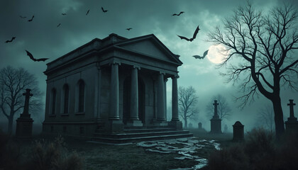 Cemetery with Mausoleum, Gravestones, Bare Trees, Bats, and Full Moon