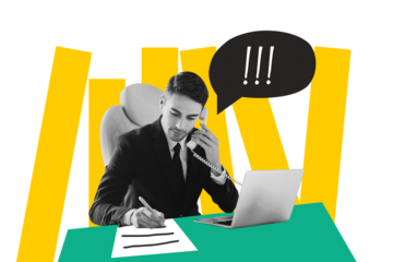 Creative drawing collage picture of young entrepreneur manager workspace talk phone deal speech bubble fantasy billboard comics minimal