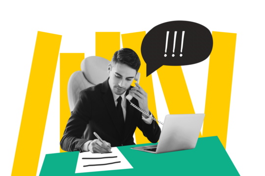 Creative drawing collage picture of young entrepreneur manager workspace talk phone deal speech bubble fantasy billboard comics minimal