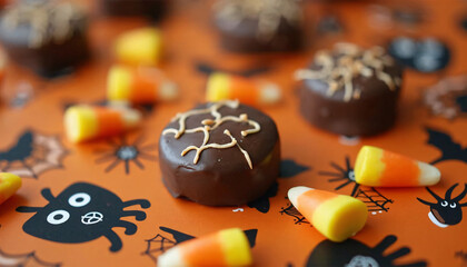 Chocolate confections and candy corn on Halloween-themed surface