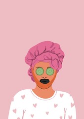 female person woman girl face wrapped in beauty routine treatments wrap for morning shed - pink girly illustration