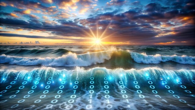 A breathtaking digital ocean sunset with binary code waves crashing on the shore, symbolizing the convergence of nature and technology in a vibrant and dynamic display