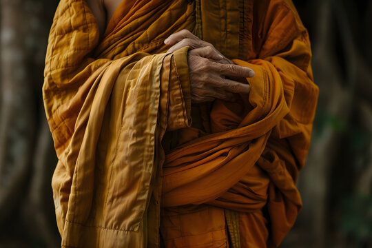 Serene Monk: An elderly monk, his hands clasped in prayer, clad in a traditional saffron robe, embodying peace, tranquility, and inner reflection.
