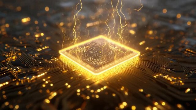 Central computer processor unit emitting glowing energy and electrical impulses while processing big data, representing innovation in artificial intelligence and future technology concepts