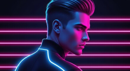 Neon illuminated man with sharp haircut against vibrant background