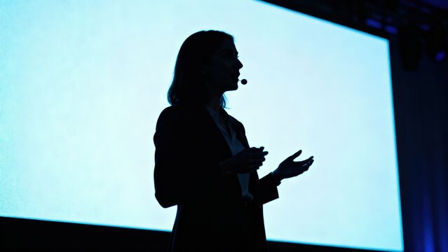 Silhouette of a speaker presenting on stage with a bright background.