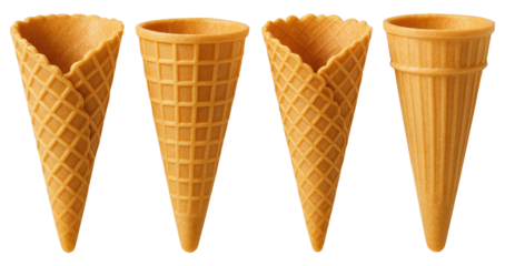 Assortment of four empty ice cream cones on a white background waffle cones sugar cones isolated on a transparent background