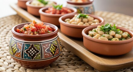 Collection of Appetizer Bowls with Fresh Dips and Toppings