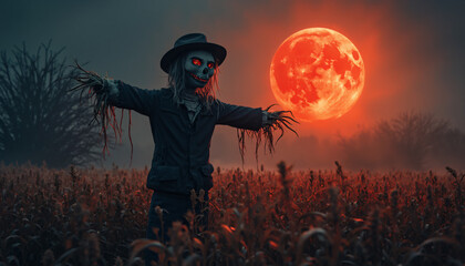 Scarecrow in Field Under Orange Moon