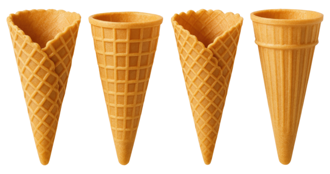 Assortment of four empty ice cream cones on a white background waffle cones sugar cones isolated on a transparent background