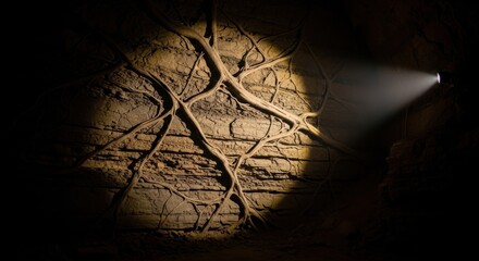 Illuminated Tree Roots on Ancient Stone Wall with Flashlight in Dark Cave