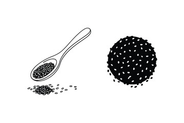 Hand drawn illustration of black peppercorns and a spoonful