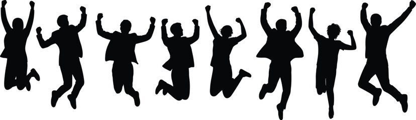 Jumping business people silhouette, team celebration vector, corporate success pose, joyful employee illustration, black icon set, workplace achievement, energetic design