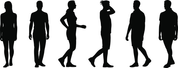 Silhouette people walking, standing, posing, black human figures, isolated on white background, vector illustration for motion, posture, lifestyle, fashion, design content