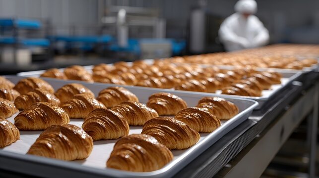 Numerous golden-brown croissants neatly arranged in rows on a conveyor belt inside an industrial bakery kitchen, demonstrating the large-scale production and efficiency of commercial baking ope ns.