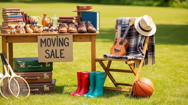 Outdoor Moving Sale with Vintage Items on a Sunny Day.