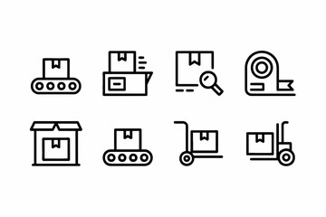 E Commerce Logistics and Delivery Icon Set with Conveyor Belt Box Tape and Hand Truck for Online Shopping