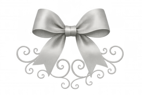 Silver ribbon bow with ornate scroll swirl decoration, transparent background for festive design elements - Powered by Adobe