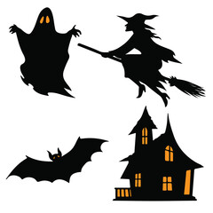 Witch, Ghost, Bat & Haunted House Halloween Silhouette Bundle