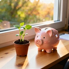 돼지저금통과새싹이있는창가풍경