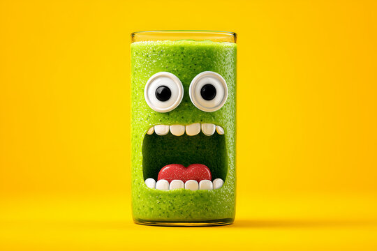 Fun and quirky green smoothie with large eyes and a surprised expression on a bright yellow background - Powered by Adobe