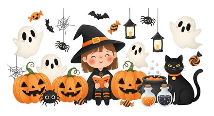 Illustration of cute witch reading a book with halloween elements isolated on white background