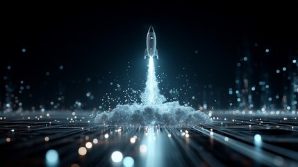 Futuristic Rocket Launching from Digital Surface with Bright Exhaust Trail and Surrounding Smoke for Depicting Innovation, Technological Progress, and Conceptual Space Exploration