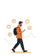male person man walking while looking at his smart phone and checking his health app for step count and other data