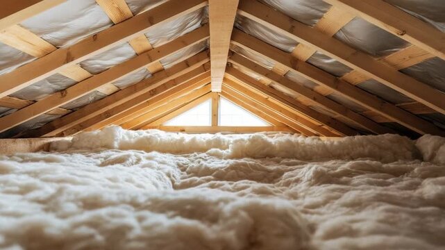 Exploring an attic with soft insulation and wooden beams