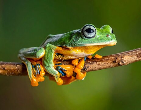 Close-up of a vibrant green tree frog