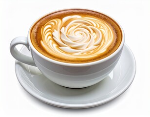 Delicious latte art in a white cup on a saucer, swirling coffee design, tasty beverage