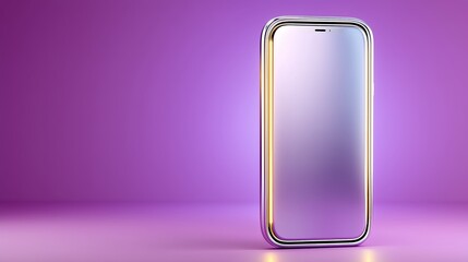 Minimalist Modern Smartphone with Reflective Surface and Rounded Edges Standing against Purple Gradient Background, showcasing Contemporary Technology and Refined Industrial Design