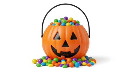 Illustration of pumpkin bucket full of candy isolated on white background